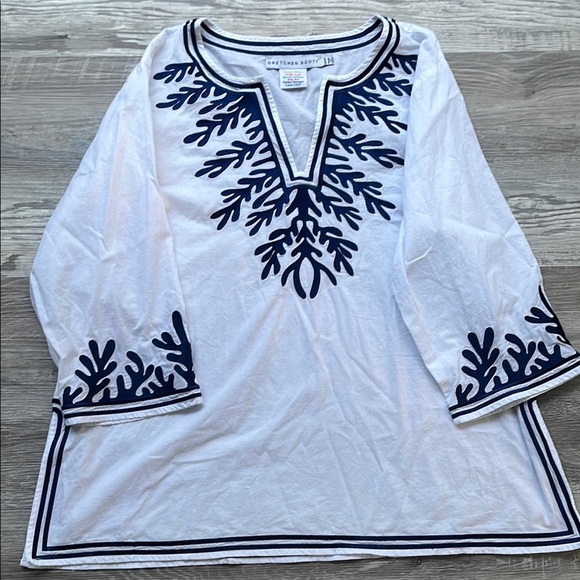 Gretchen Scott White and Blue Tunic with V-Neck Embroidery sizes Goddess (XXL) - Picture 1 of 7